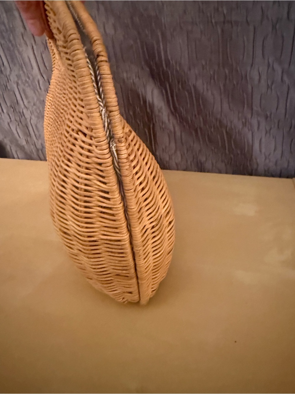 J. McLaughlin Woven Wicker Rattan Handbag Leather Handles Striped Lining - Picture 6 of 11